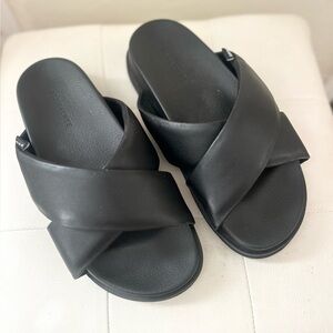 All Saints Black Leather Crossover Top Grit Slides Size 8 BNWT